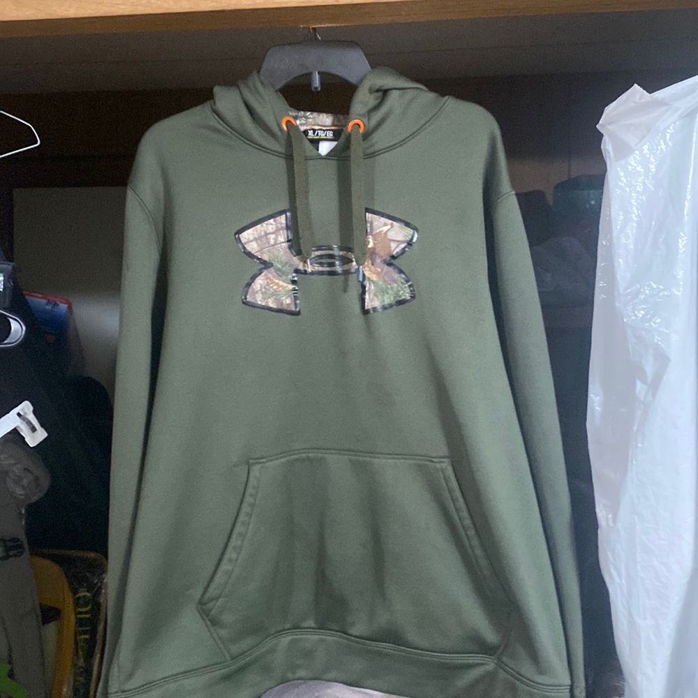 Under Armour hoodie with real tree camo in the hood.